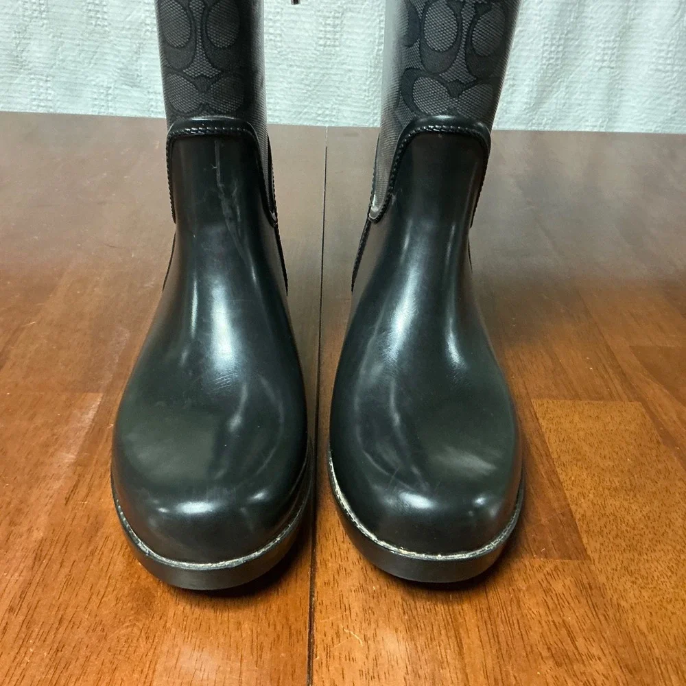 Coach Tristee Rain Boots Black Signature Monogram Lace Up Tall Women 9B A0011